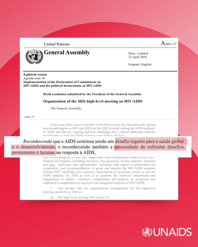 Lembrete importante da Resolução de Modalidades da #HLM2026AIDS! 
A AIDS ainda é uma crise global. E o mundo não pode se dar ao luxo de aceitar essa realidade. 
Vidas dependem de ação contínua, solidariedade e responsabilidade. 
🔗 Saiba mais no link da bio. 
📌 Acompanhe @unaidsbrasil nas redes.